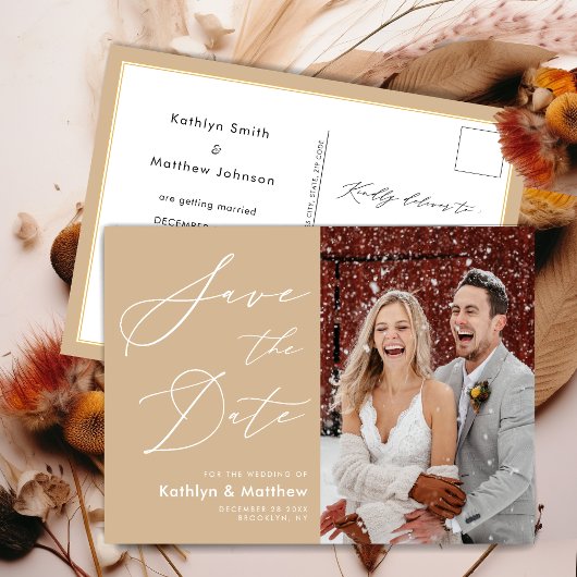 Carte Postale Faire-part Dusty Beige Élégant Script Mariage Enregistrer La