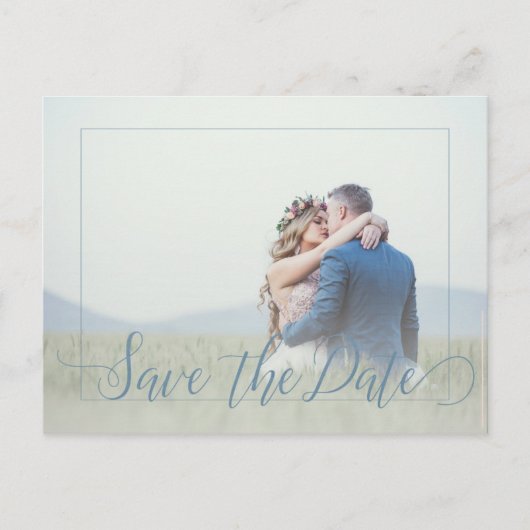 Carte Postale Faire-part Dusty bleu script printemps photo enregistrer date (Devant)
