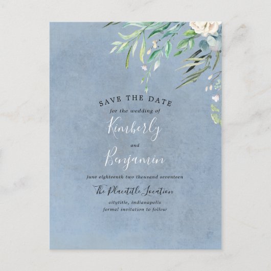 Carte Postale Faire-part Dusty Blue and Greenery Enregistrer la date (Devant)