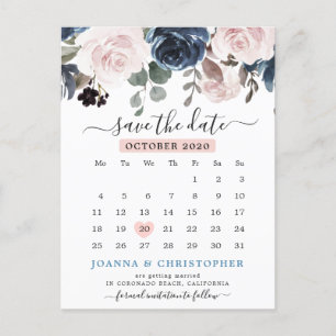 Carte Postale Faire-part Dusty Blue Blush rose floral Enregistrer la date