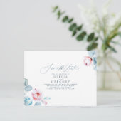 Carte Postale Faire-part Dusty Blue et Fleurs Roses Enregistrer la Date (Debout devant)