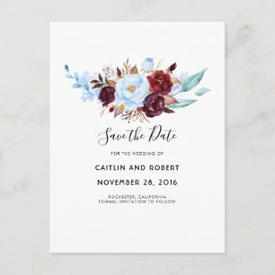 Carte Postale Faire-part Dusty Blue et floral aquarelle rouge Save the Date