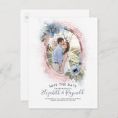 Carte Postale Faire-part Dusty Blue et or Rose | Photo Enregistrer la date (Devant / Derrière)
