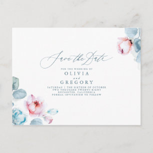 Carte Postale Faire-part Dusty Blue et rose Floral Enregistrer la date