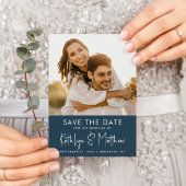 Carte Postale Faire-part Dusty Blue Fun Script Mariage Photo Moderne Enregi
