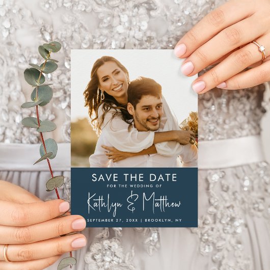 Carte Postale Faire-part Dusty Blue Fun Script Mariage Photo Moderne Enregi