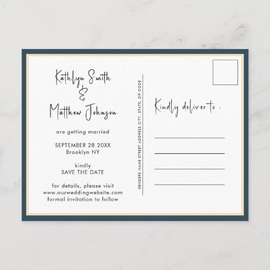 Carte Postale Faire-part Dusty Blue Fun Script Mariage Photo Moderne Enregi (Dos)