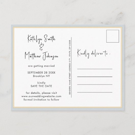 Carte Postale Faire-part Dusty Blue Fun Script Moderne Photo Mariage Économ (Dos)