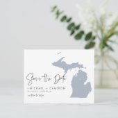 Carte Postale Faire-part Dusty Blue Michigan Map QR Code Enregistrer la dat (Debout devant)