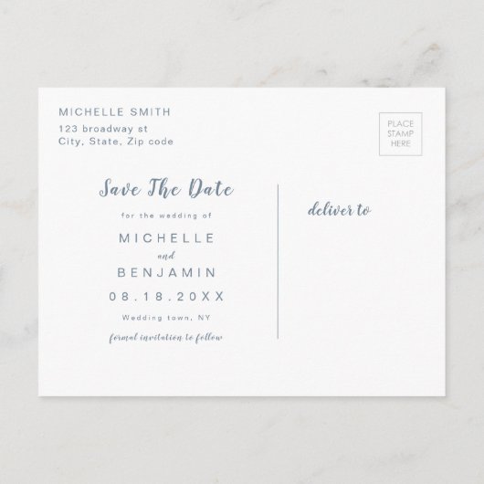 Carte Postale Faire-part Dusty Blue Modern Script Simple Enregistrer La Dat (Dos)