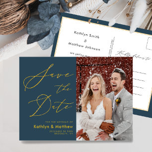 Carte Postale Faire-part Dusty Blue Modern Script Wedding Enregistrer La Da