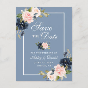 Carte Postale Faire-part Dusty Blue Rose Pâle Floral Enregistrer la Date