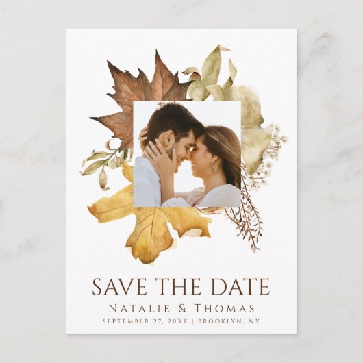 Carte Postale Faire-part Dusty Brown Feuilles d'automne tombent dans l'amou (Devant)