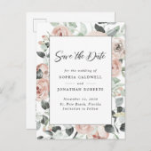 Carte Postale Faire-part Dusty Rose Floral Eucalyptus Enregistrer la date (Devant / Derrière)