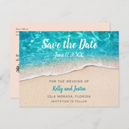 Carte Postale Faire-part Eau de plage et sable sauvez la date (Devant / Derrière)