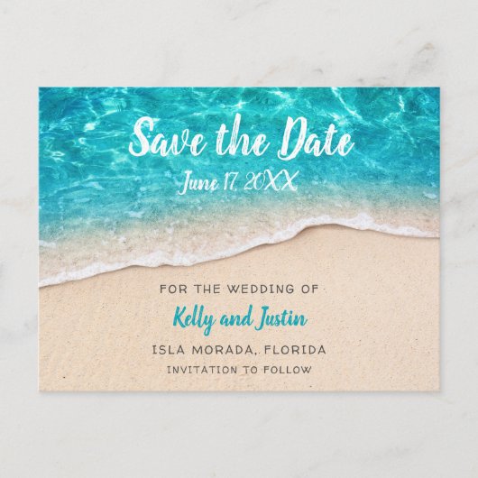 Carte Postale Faire-part Eau de plage et sable sauvez la date (Devant)