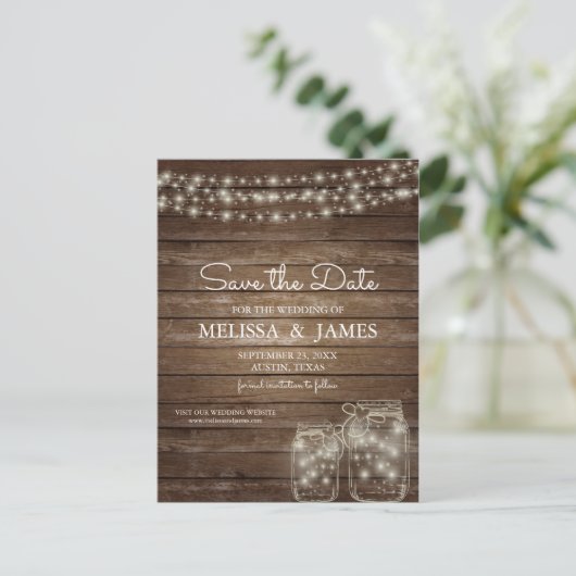 Carte Postale Faire-part Éclairages de pot en bois rustique Mason Enregistr (Debout devant)