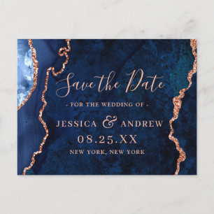 Carte Postale Faire-part Économie Moderne de Mariage à l'Or avec Agate Bleu
