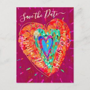 Carte Postale Faire-part Économisez la date de cœur de turquoise rose rétro