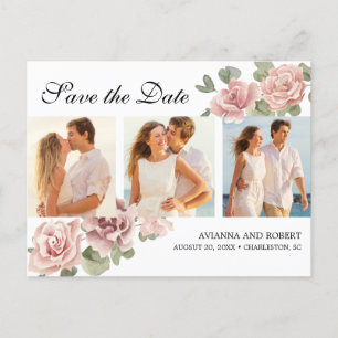 Carte Postale Faire-part Économisez la date de mariage 3 Photo Fleur Rose
