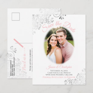 Carte Postale Faire-part Économisez la date de mariage rose avec des frills