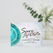 Carte Postale Faire-part Économisez la date de mariage Teal Gold Agate tran (Debout devant)