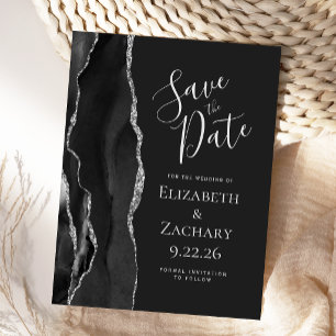 Carte Postale Faire-part Économisez la date Moderne Agate Noir Argent Sombr