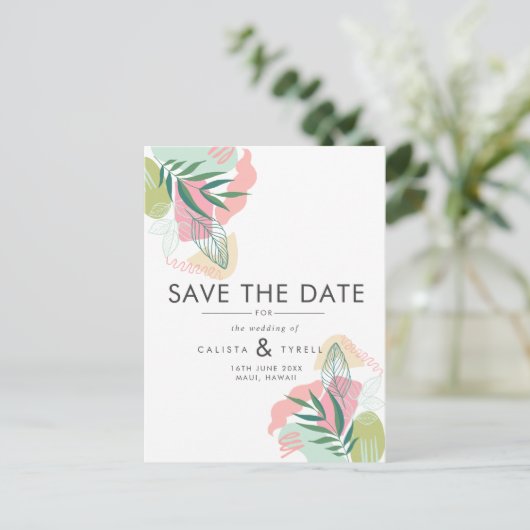 Carte Postale Faire-part Économisez pour un mariage abstrait tropical moder (Debout devant)