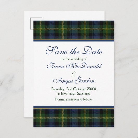 Carte Postale Faire-part Écossais Gordon Tartan Mariage Enregistrer la date (Devant / Derrière)