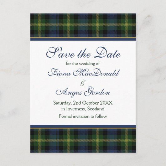Carte Postale Faire-part Écossais Gordon Tartan Mariage Enregistrer la date (Devant)