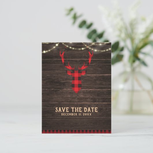 Carte Postale Faire-part Écossais Rustique Cerf Bois & Lumières Enregistrez (Debout devant)