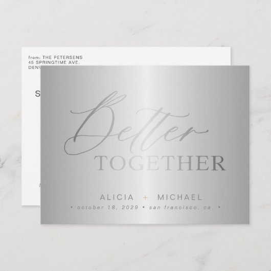 Carte Postale Faire-part Écriture argentée mieux ensemble mariage enregistr (Devant / Derrière)