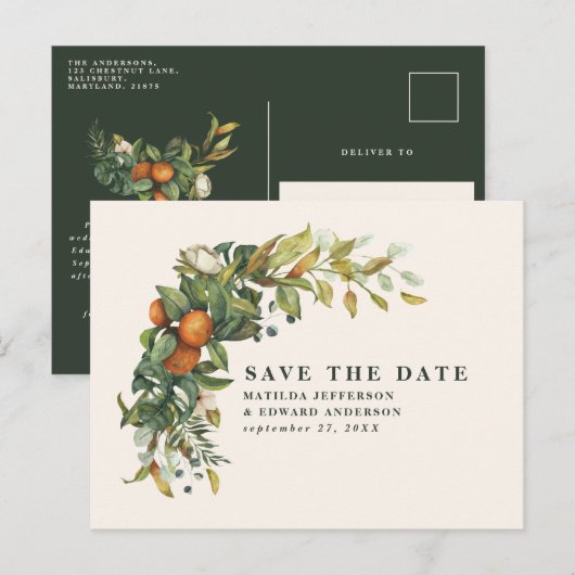 Carte Postale Faire-part Écriture élégante mariage moderne botanique citrus (Devant / Derrière)