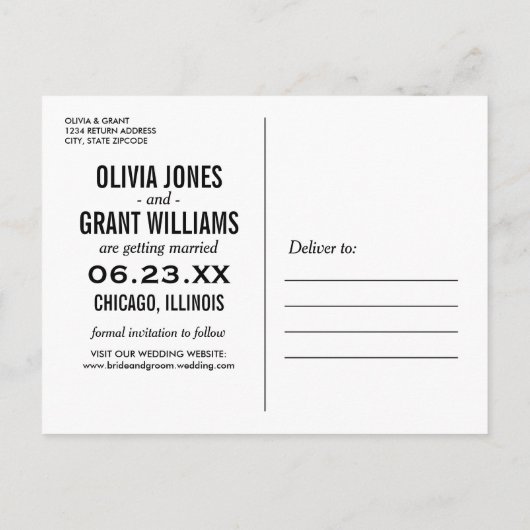 Carte Postale Faire-part Écriture moderne de script blanc Photo Enregistrer (Dos)