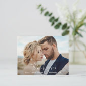 Carte Postale Faire-part Écriture photo mariage merci moderne minimal bleu (Debout devant)