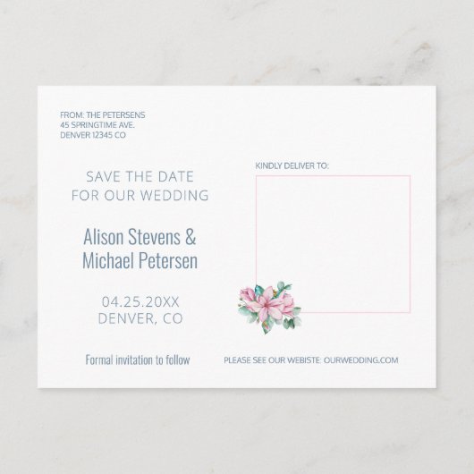 Carte Postale Faire-part Écriture rose printemps floral photo enregistrer d (Dos)