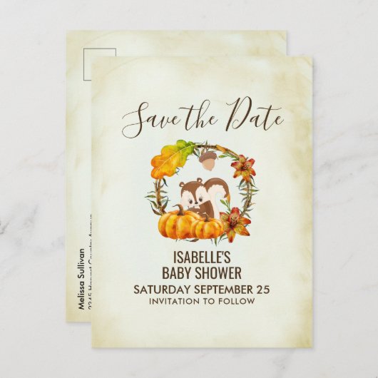 Carte Postale Faire-part Écureuil et citrouilles Automne Rustique STD (Devant / Derrière)