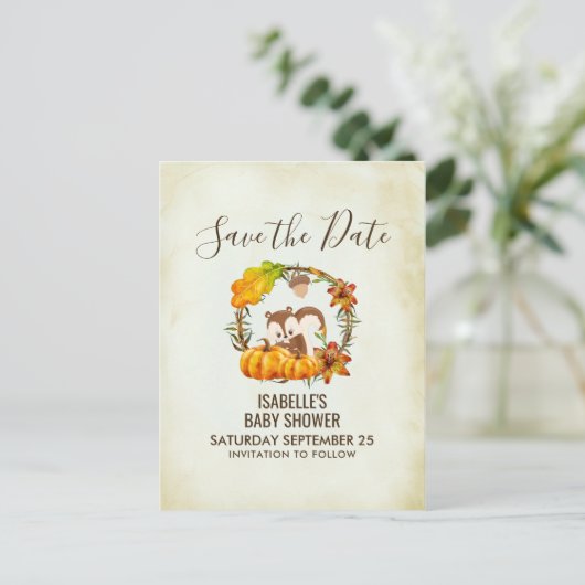 Carte Postale Faire-part Écureuil et citrouilles Automne Rustique STD (Debout devant)