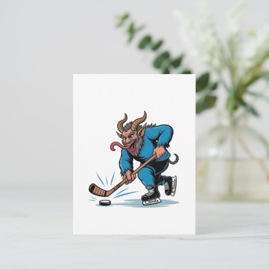 Carte Postale Faire-part Éffrayant Krampus Jouer au hockey sur glace Noël (Debout devant)
