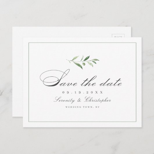 Carte Postale Faire-part Élégance classique Script de verdure enregistrer l (Devant / Derrière)