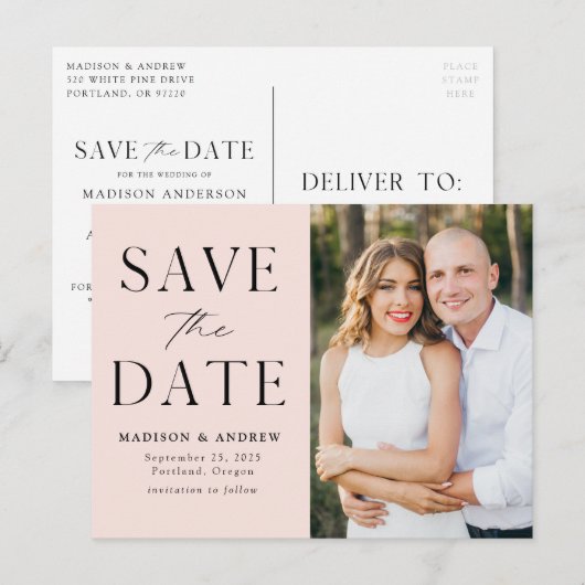 Carte Postale Faire-part Élégance Moderne Rose Save the Date Photo (Devant / Derrière)