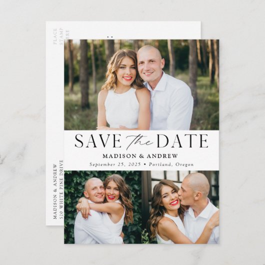 Carte Postale Faire-part Elégance moderne Trois photos Sauvez la date (Devant / Derrière)