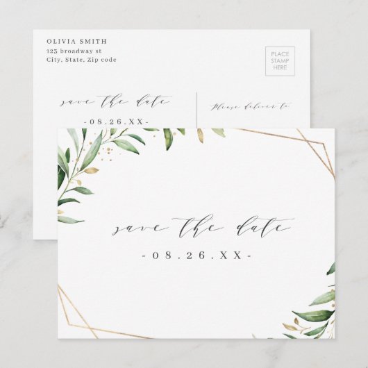 Carte Postale Faire-part Élégance Verte Géométrique Rustique Économisez La  (Devant / Derrière)