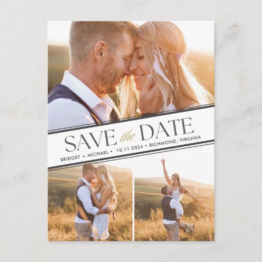 Carte Postale Faire-part Elégant 3 mariage photo Enregistrer la date (Devant)