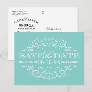 Carte Postale Faire-part Elégant Aqua Blue Flourish Wedding Enregistrer la 
