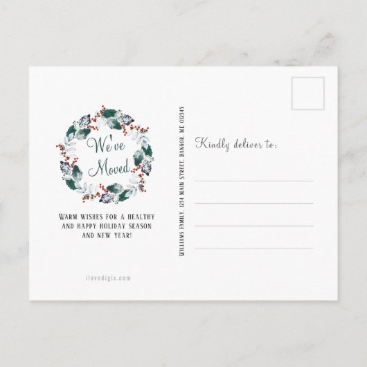 Carte Postale Faire-part Elégant aquarelle Holly Wreath Noël Moving (Dos)