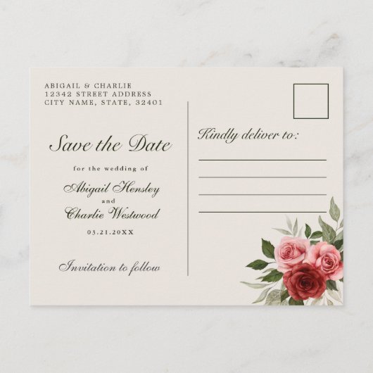 Carte Postale Faire-part Élégant Aquarelle Roses Rouges et Roses Enregistre (Dos)