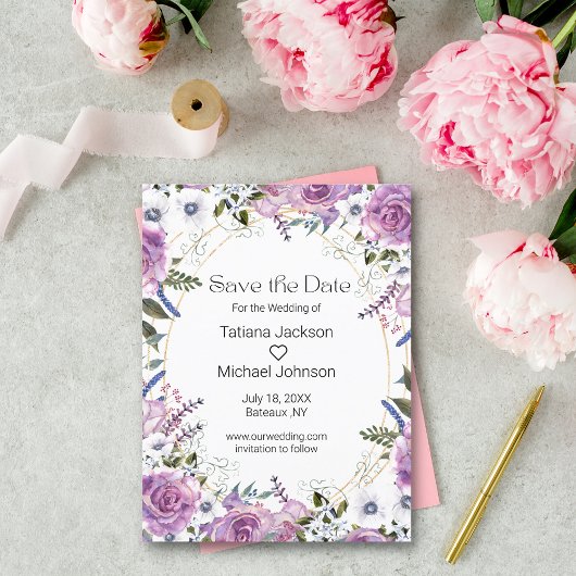 Carte Postale Faire-part élégant aquarelle violet floral enregistrer la dat