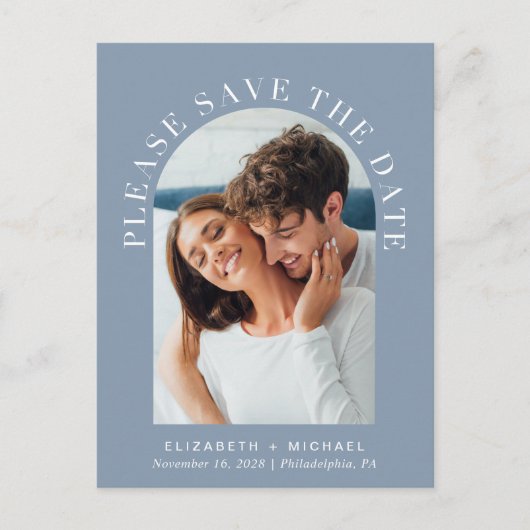 Carte Postale Faire-part Elégant Arc Photo Dusty Blue Enregistrer La Date (Devant)