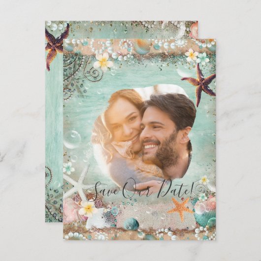 Carte Postale Faire-part Elégant Beach Sea Starfish Pearls Enregistrer Date (Devant / Derrière)
